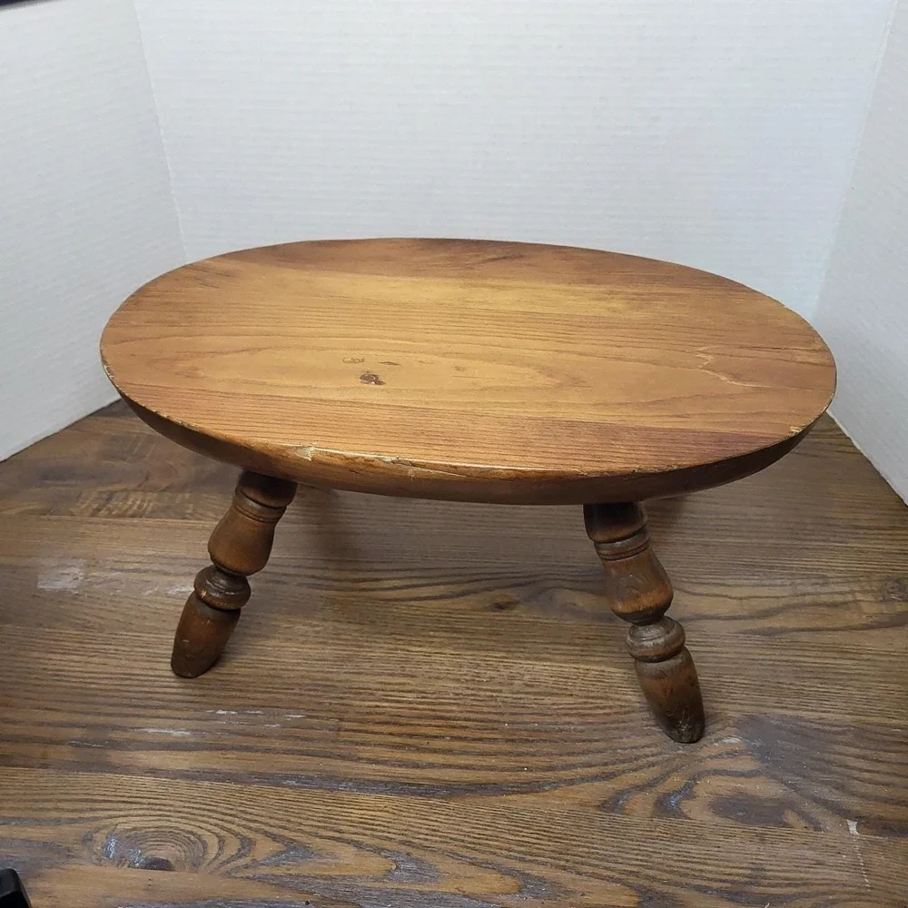 VTG Wood Bench Step Stool Oval Top Windsor Style Turned Legs 7